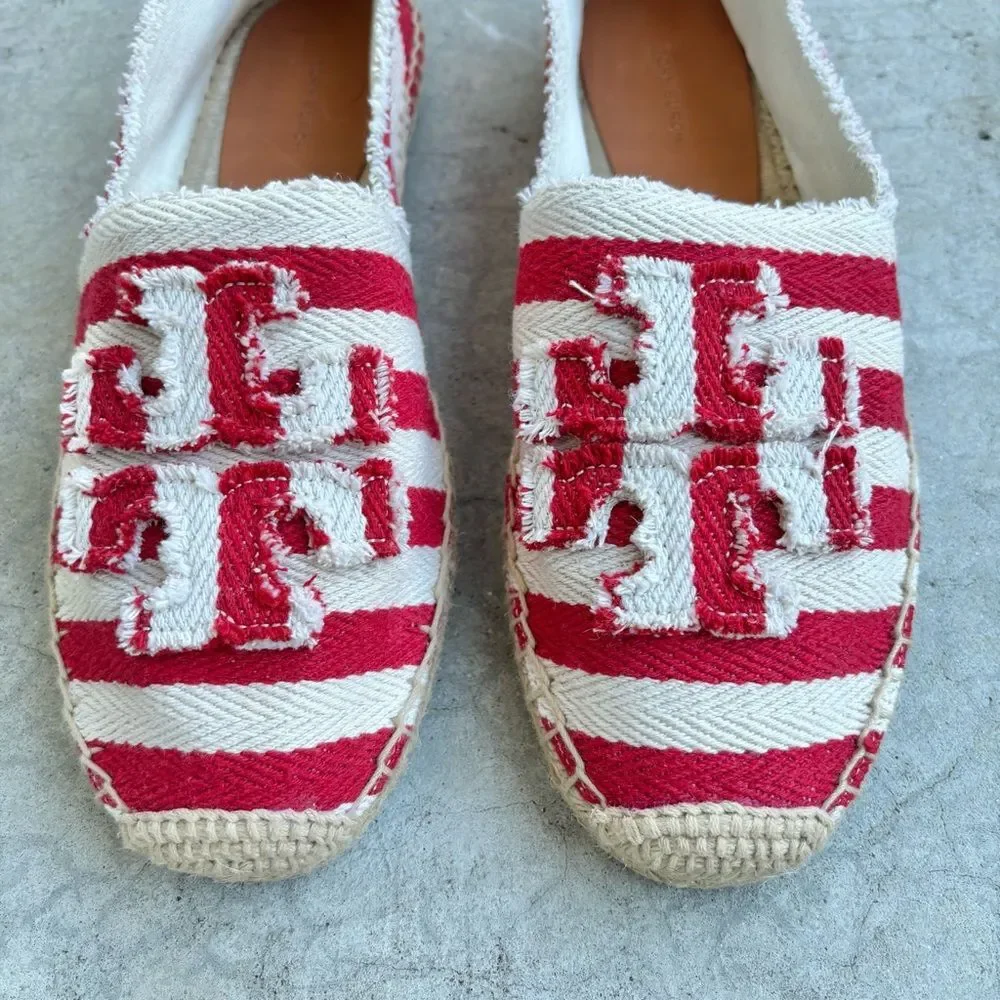 Tory Burch Espadrilles Flats Shoes Fray Stripe Red White NWOB 11